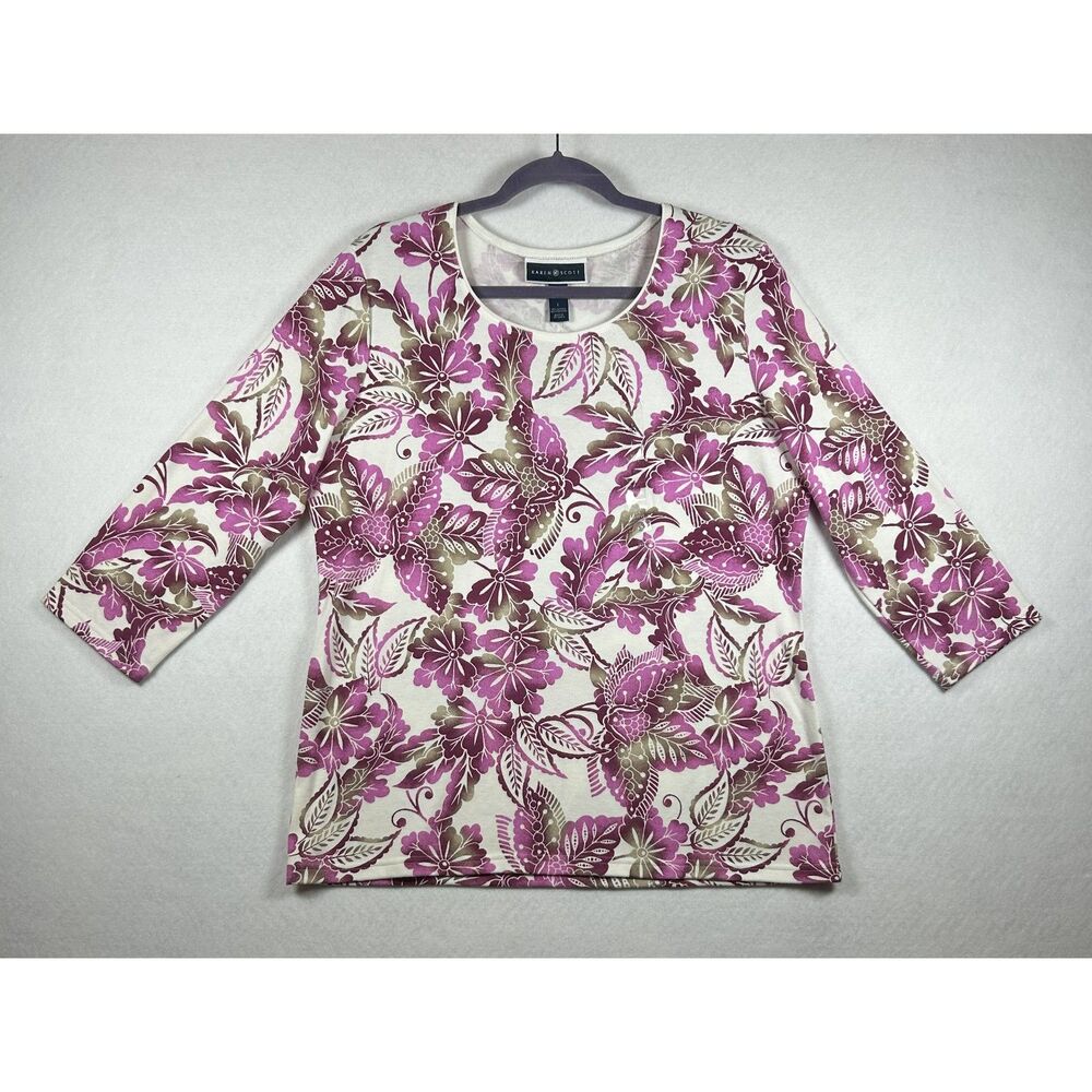 Karen Scott NWT Women's Size L Purple Floral Print 3/4 Sleeve Scoop Neck Top